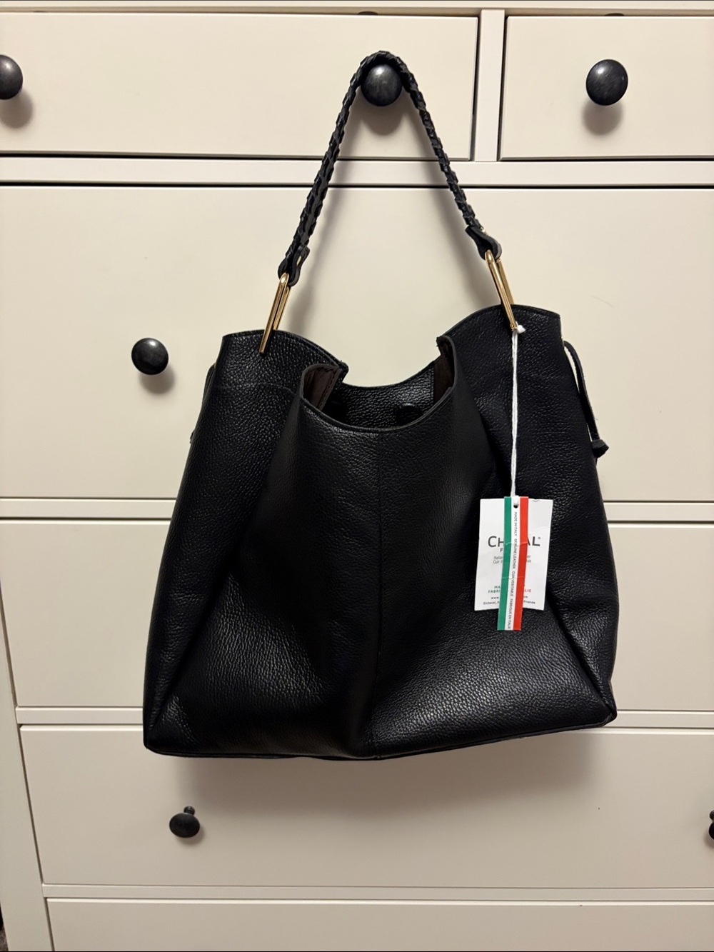 Black Leather Shoulder Tote with Braided Handle CHIVAL FIRENZE GENUINE LEATHER
